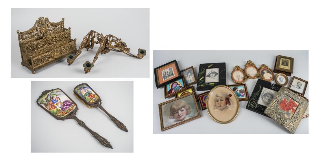 Miscellaneous Group of Decorations: Including a pair of Art Nouveau piano sconces, circa 1890, signed Pleyel, brass with art nouveau floral decoration, together with a gilt metal letter rack, a group of picture frames and a Capo di Mont