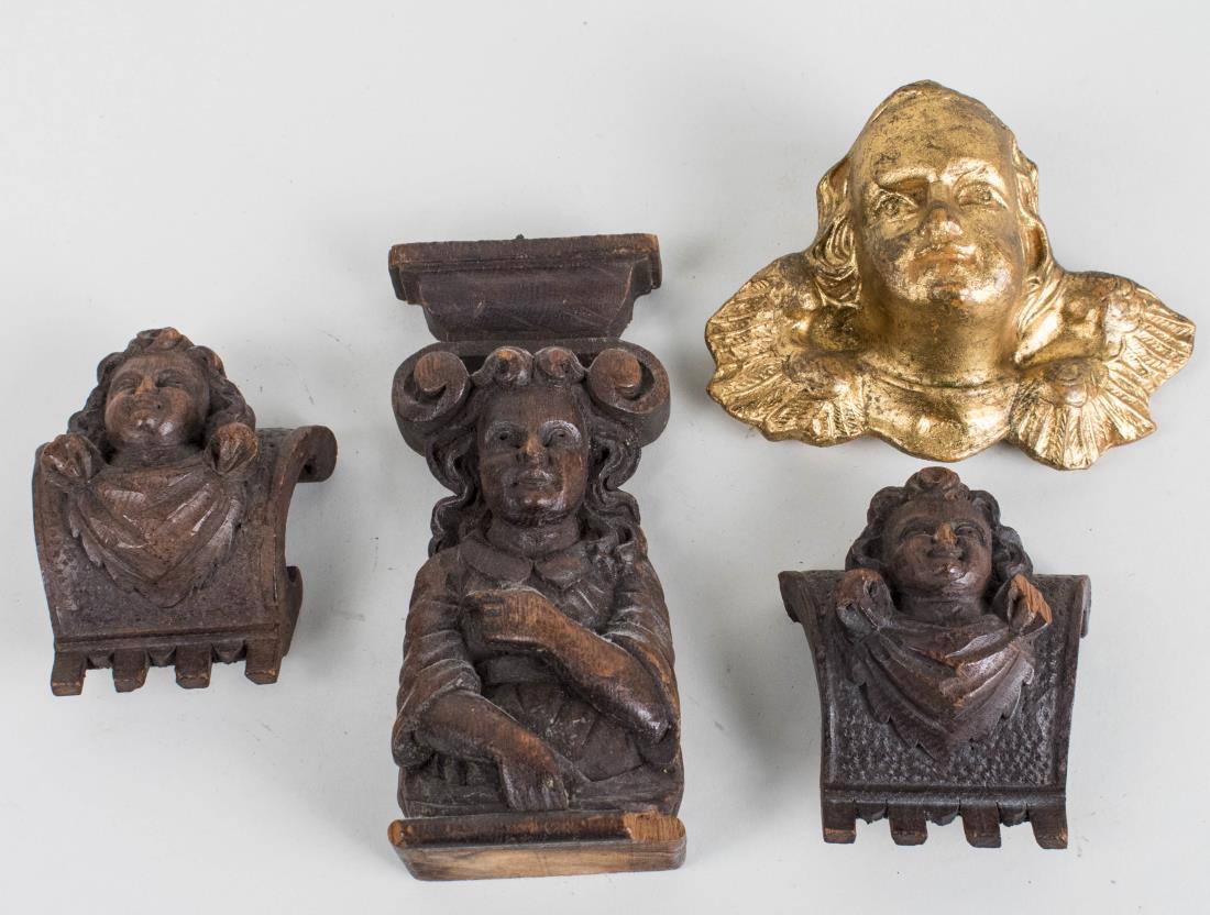 Four Carved Wood Fragments: Various architectural elements and brackets, each with putti decoration. Tallest, height 7 3/4 inches. Notice to bidders: Condition reports and additional photographs are provided by request as a cour