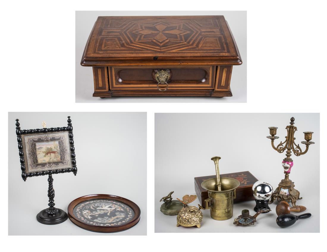 Table Screen and Embroidered Picture: A table screen with petit point picture, a Chinese embroidered picture in a circular frame, a candelabra, brass mortar and pestle, a darning egg and mushroom, a parquetry wood storage box, etc. Box he