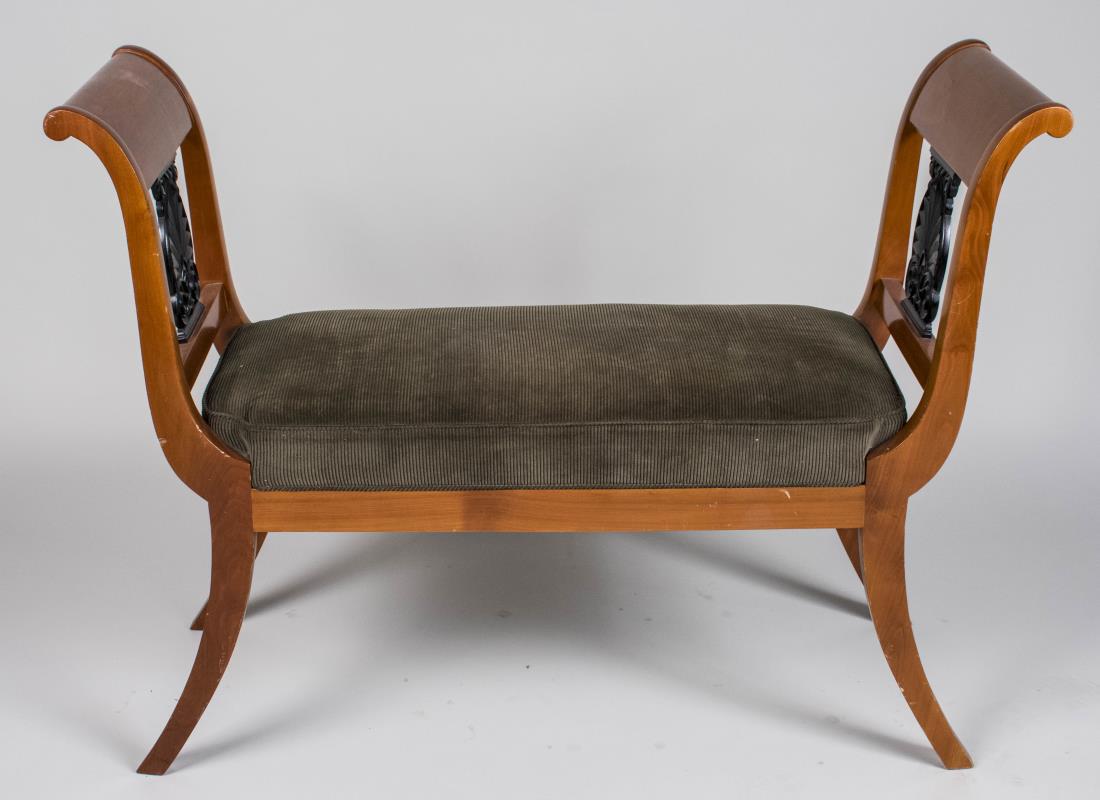 Biedermeier Style Window Bench: Chair back side sides with tablet crest rail over ebonized splat, cushion seat and splayed legs. Height 33 inches, width 43 inches, depth 15 inches. Notice to bidders: Condition reports and additional