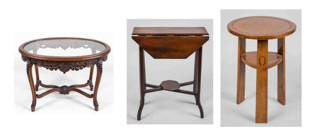 Three Vintage Occasional Tables: Comprising a Rococo style glass top low table, with a glass inset top over a carved frieze, cabriole legs joined by an X stretcher. Height 21 inches, width 29 1/2 inches, depth 21 inches; a drop leaf 