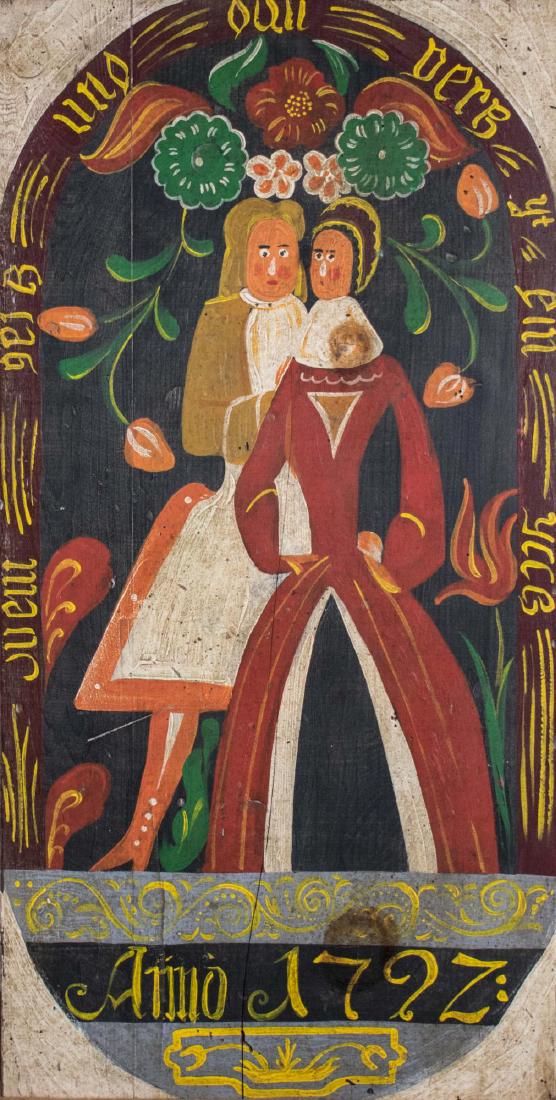 Folk Art Painting of a Couple (20th Century): Karl Mann Associates artist collaboration, 20th century. Oil on wood. Label on verso. Board size 30 x 15 inches. Unframed. Notice to bidders: Condition reports and additional photographs are provided