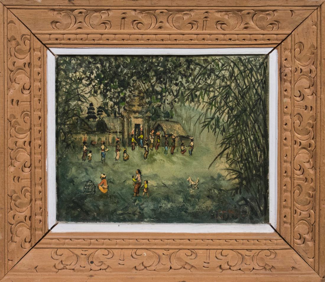 Balinese Village Scene Painting (20th Century): Oil on canvas, 20th century. Illegible signature (LR). Titled "Bali" on verso. Frame size 12 x 14 inches. Framed. Notice to bidders: Condition reports and additional photographs are provided by reques