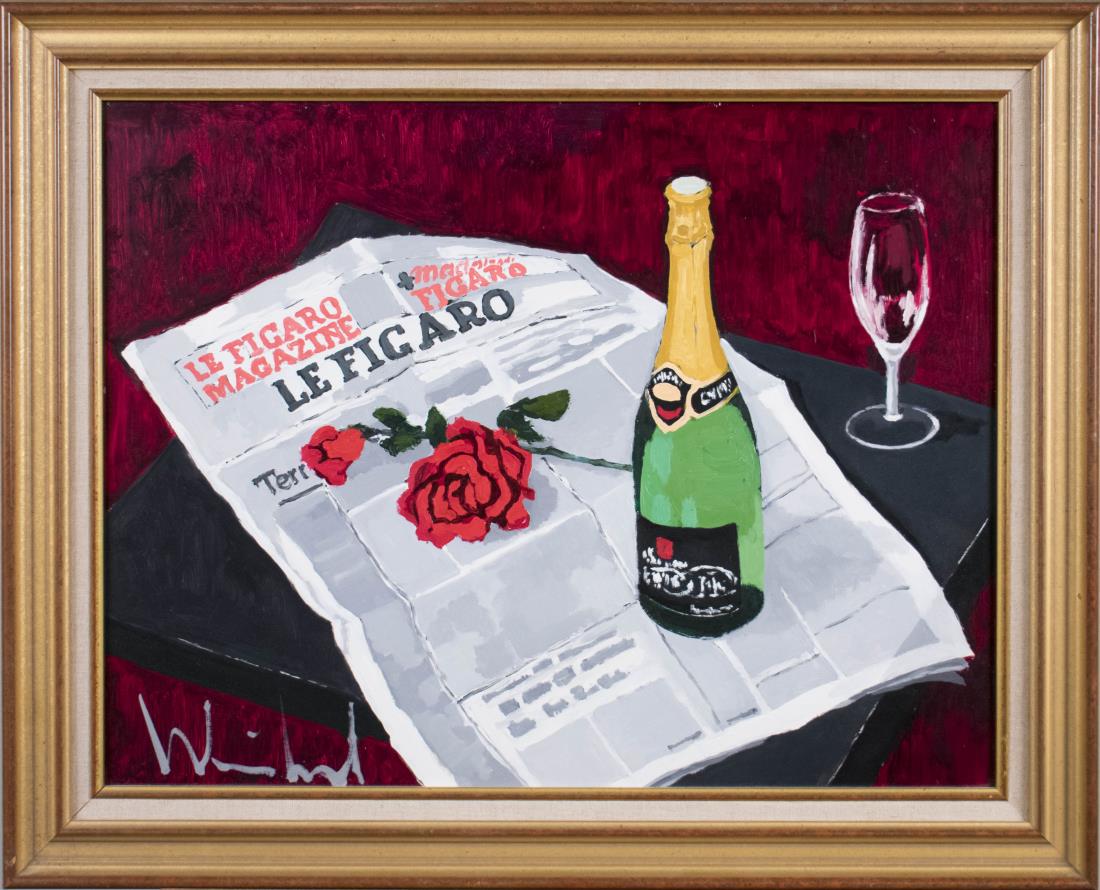 Still Life of Newspaper, Roses and Champagne: Reminiscent of works by Juan Gris, this still life features prominently the masthead of Le Figaro, the French daily morning newspaper. Acrylic on board, 20th century. Illegible signature (LL). Frame s