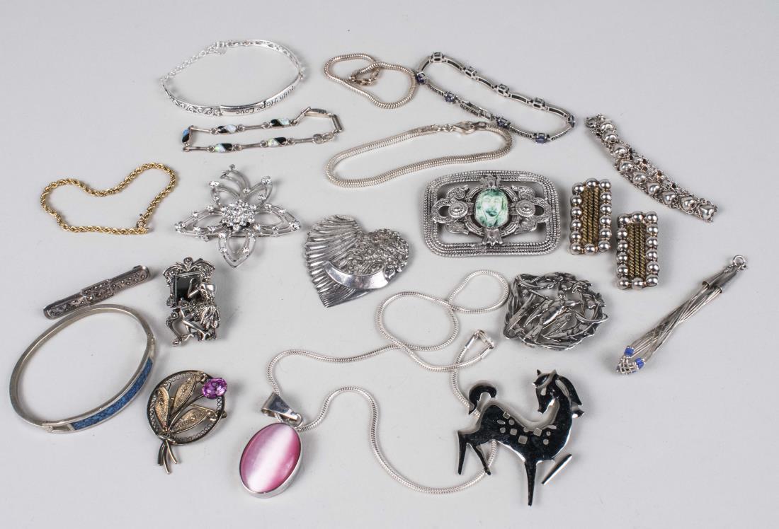 Group of Sterling Silver Jewlery: Six chain bracelets of various styles, together with a pendant on silver neck chain, length 20 inches, total 48 grams. Notice to bidders: Condition reports and additional photographs are provided by r