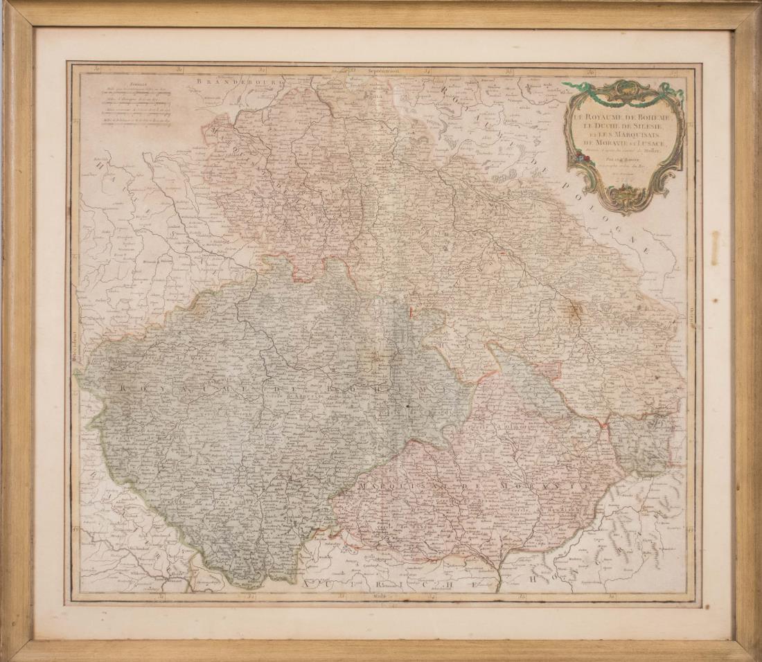 Didier Robert de Vaugondy (French,1723-1786): Vintage French Map of Bohemia, Silesia, Moravia & Lusatia. Engraved map with hand colored borders and relief shown pictorially. Ornamental cartouche (UR). Frame size 24 x 26 1/2 inches. Matted and fra