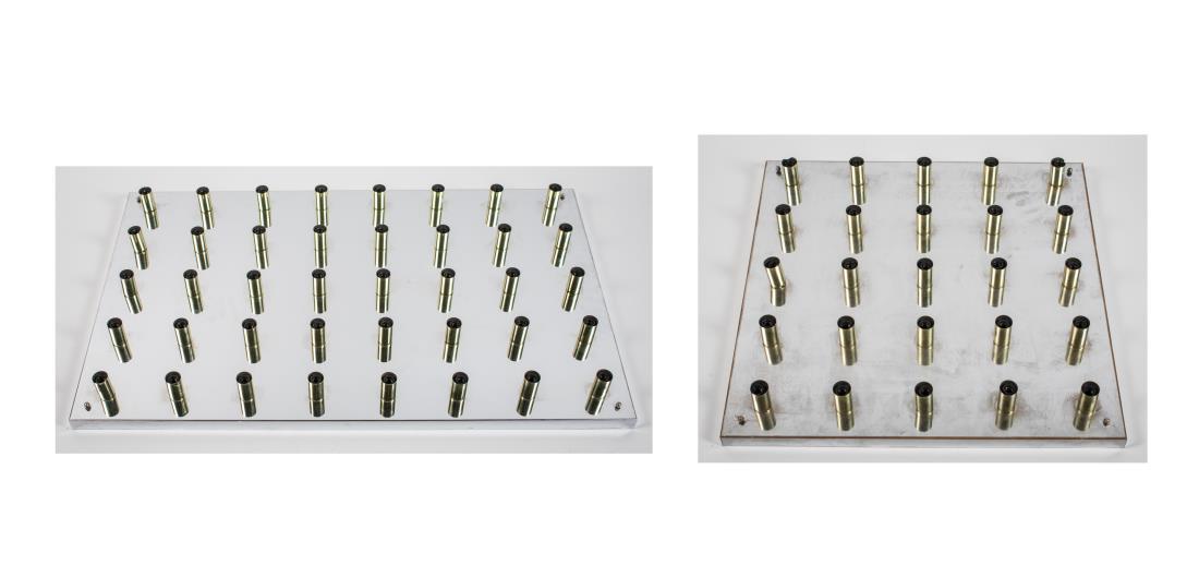 Set of Two Modern Ceiling Lights *: One a five by five bank of ceiling lights, the other a five by eight bank of lights. Larger, height 3 inches, width 35 1/2 inches, depth 22 inches. Notice to bidders: Condition reports and additional 