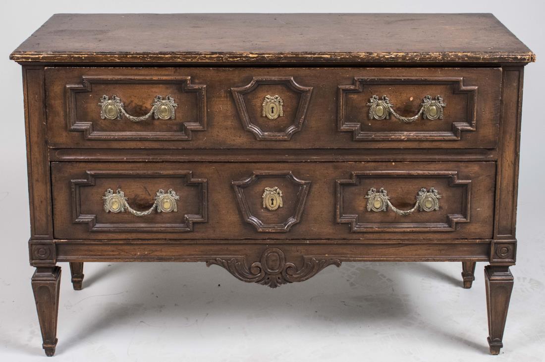 Continental Style Two Drawer Commode: Rectangular top with moulded edge, over two drawers, tapered square legs. Height 28 inches, width 43 inches, depth 15 inches. Notice to bidders: Condition reports and additional photographs are provid
