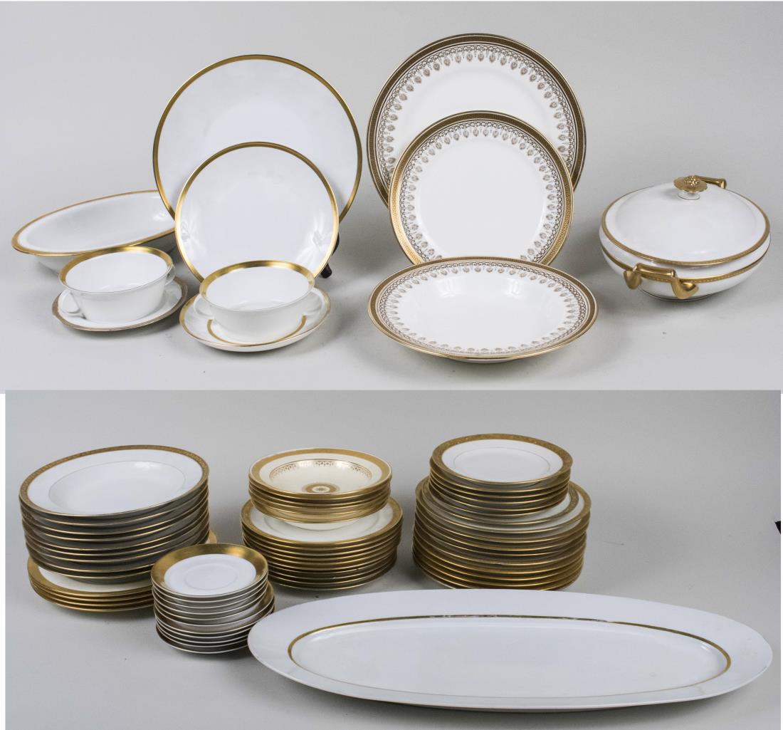 Assembled Set of Gilt Decorated Dishes: Including examples from various countries including England, Germany, etc., comprising plates, cream soup bowls, and assorted serving pieces, all with gilt rim decoration. Largest plate, diameter 11 i