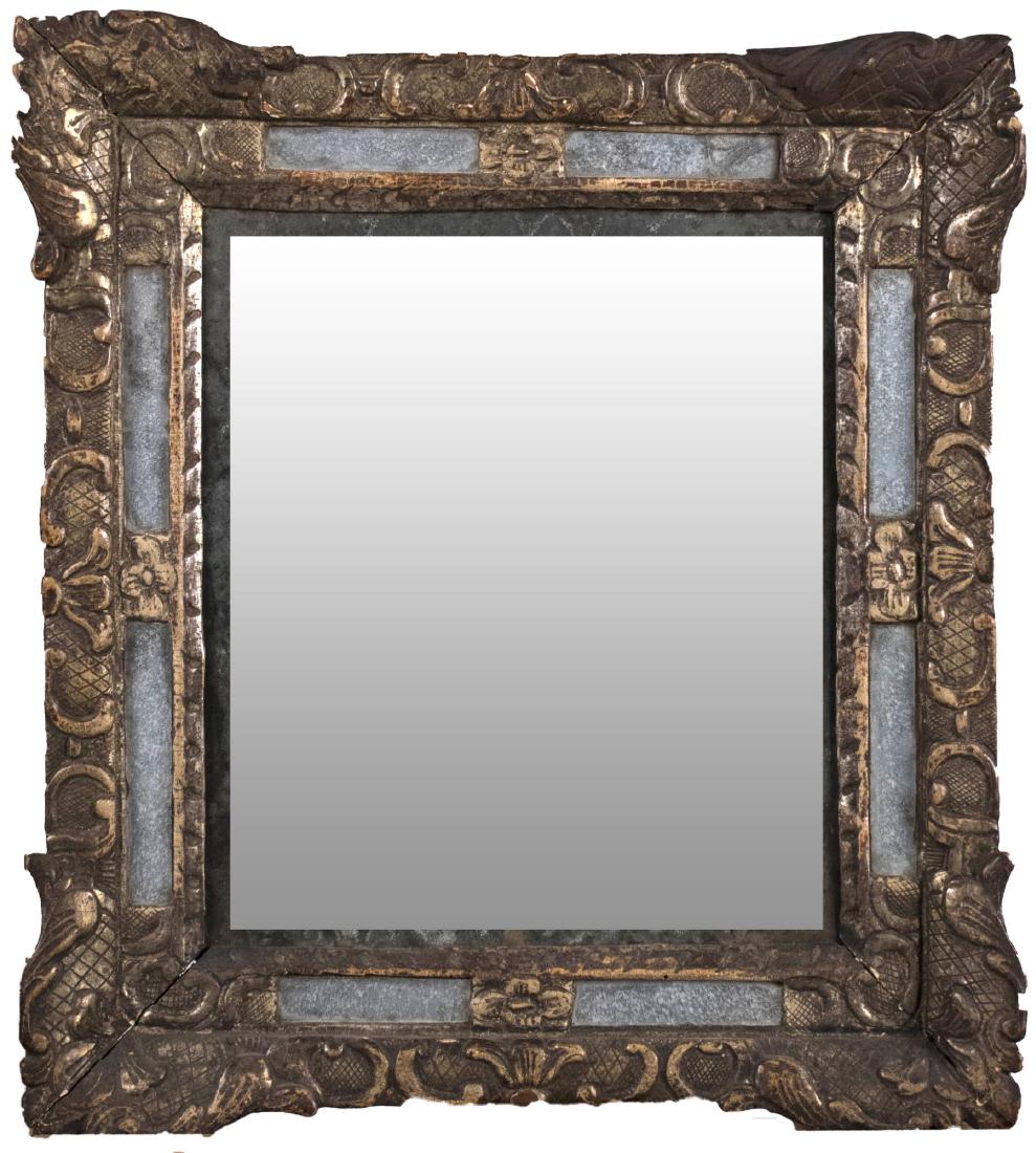 Mirror Framed Gilt Wood Mirror: Rococo style with decorated mirrored frame, rectangular mirror plate. 19 1/2 x 17 inches. Notice to bidders: Condition reports and additional photographs are provided by request as a courtesy to our c