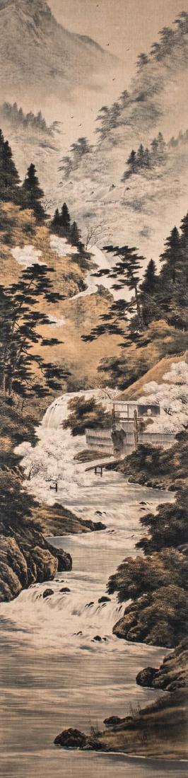 Chinese Scroll Painting: Mountainous river landscape. Ink and watercolor on silk laid on paper. Unsigned. Width 22 3/4 inches, on roller. Notice to bidders: Condition reports and additional photographs are provided by request