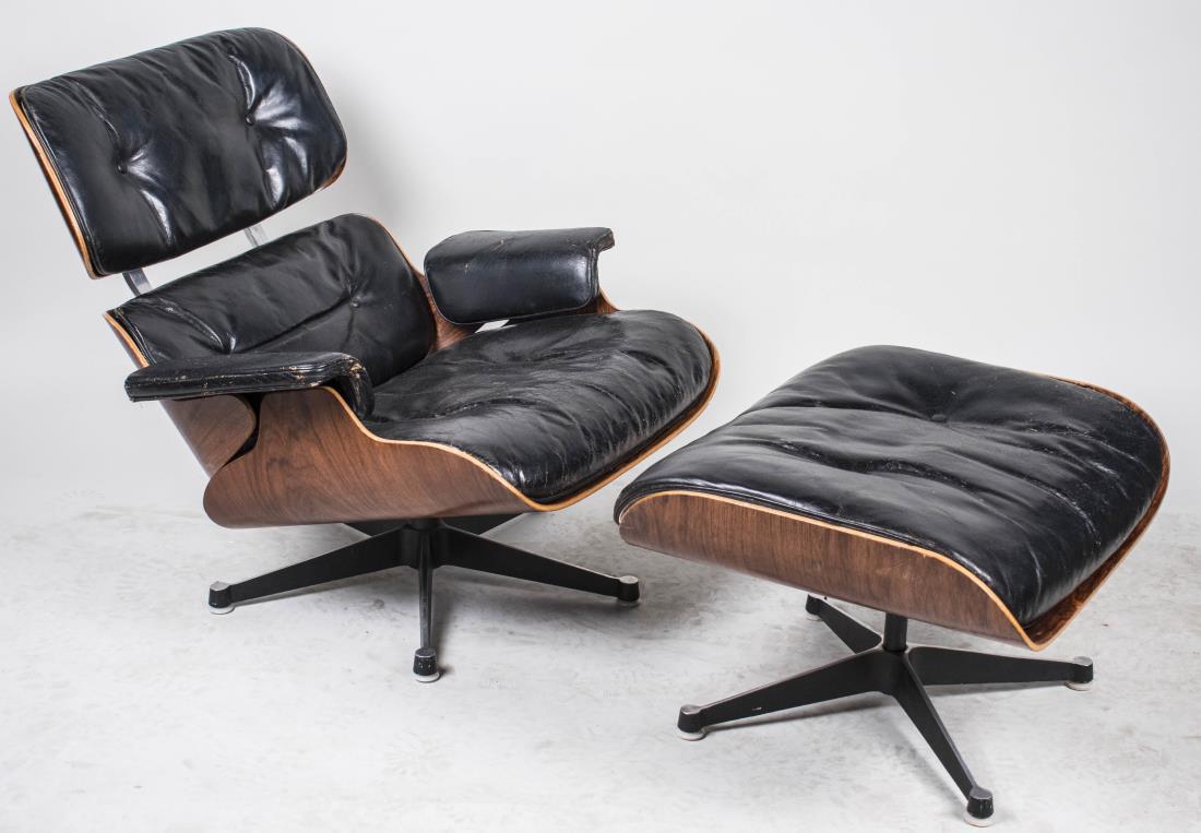 Charles and Ray Eames Lounge Chair and Ottoman: For Herman Miller, rosewood with black leather upholstery. Height 30 1/2 inches, width 33 1/2 inches, depth 34 inches. Notice to bidders: Condition reports and additional photographs are provided by r