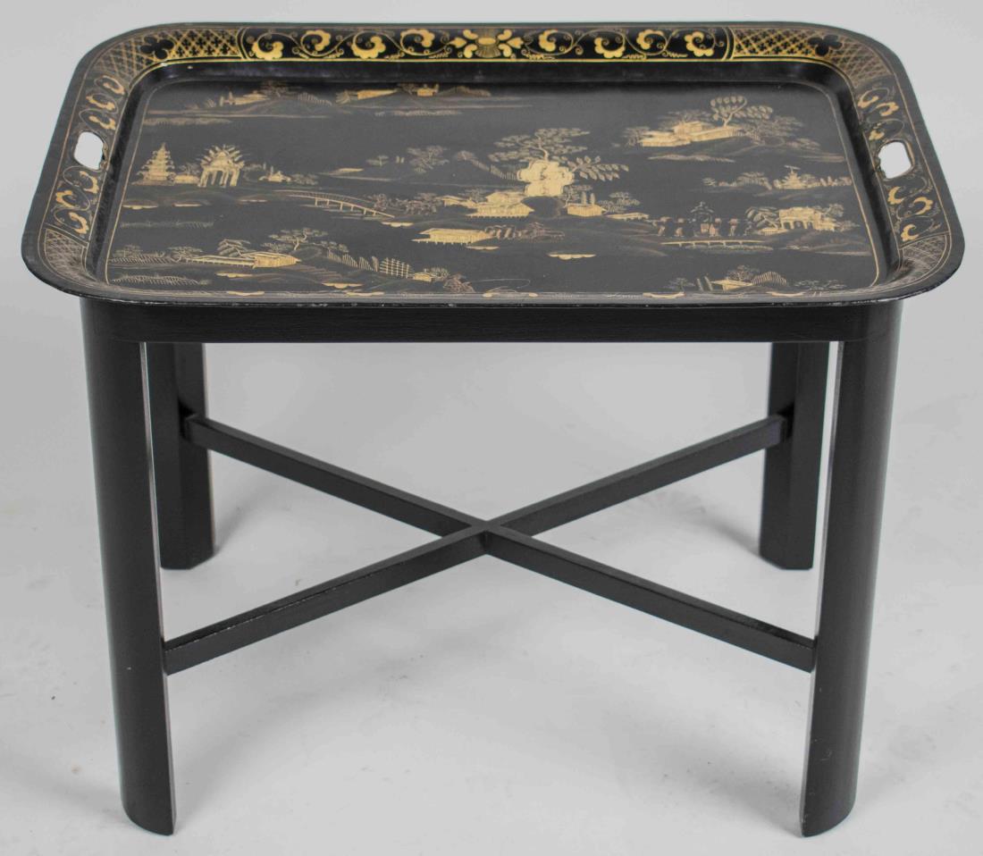 Tole Tray Table *: Rectangular floral decorated tray on a black painted stand with block legs joined by an X stretcher. Height 19 inches, width 26 inches, depth 20 inches. Notice to bidders: Condition reports and additi