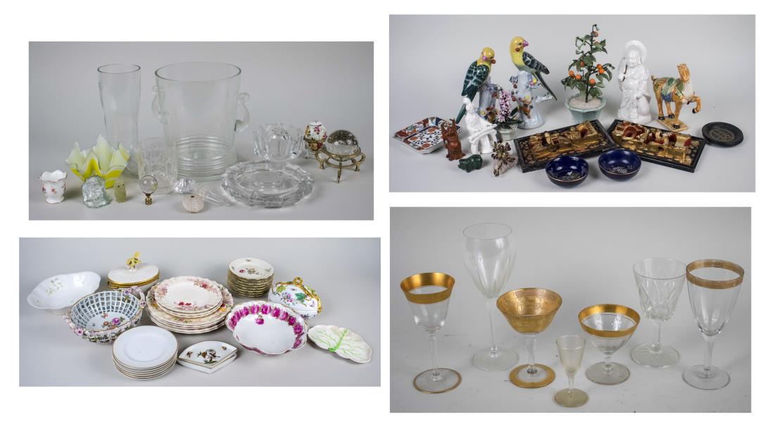 Group of Table Decorations and Serving Articles: Including a glass champagne bucket, plates and serving dished, Orrefors bowl, gilt stemware, Tang style horse, a pair of birds, carved decorative panels, bowls and dishes, etc. Champagne bucket, heigh