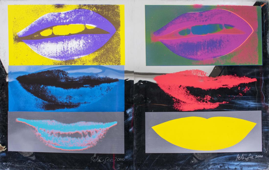 Peter Gee (British/American, 1932-2005): Lips. Signed "Peter Gee 2000" (l.r. each panel). Two panels with three pairs of lips each, combined to create one large panel. Silk screen print on silver mylar paper. Combined sheet size 52 x 77 inch