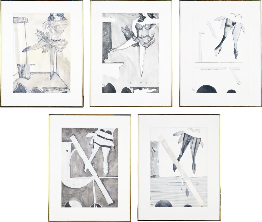 Five Works by Peter Williams (Irish, 1919-1994): Ballet Study no. 1, 2, 3, 4, and 6 by Peter Sheldon Williams (pseudonym A. Oscar). All collage and wash on paper, 1973. All signed in ink (l.l.), dated (l.l.). Sight size all 16 x 11 1/4 inches. All F