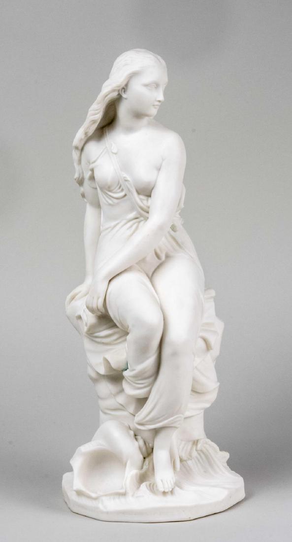 Minton Parian Figure of Miranda *: Modeled seated, with a seashell at her feet, marked Minton on the bottom, and incised Miranda at the base. Height 15 1/2 inches. Notice to bidders: Condition reports and additional photographs are pro