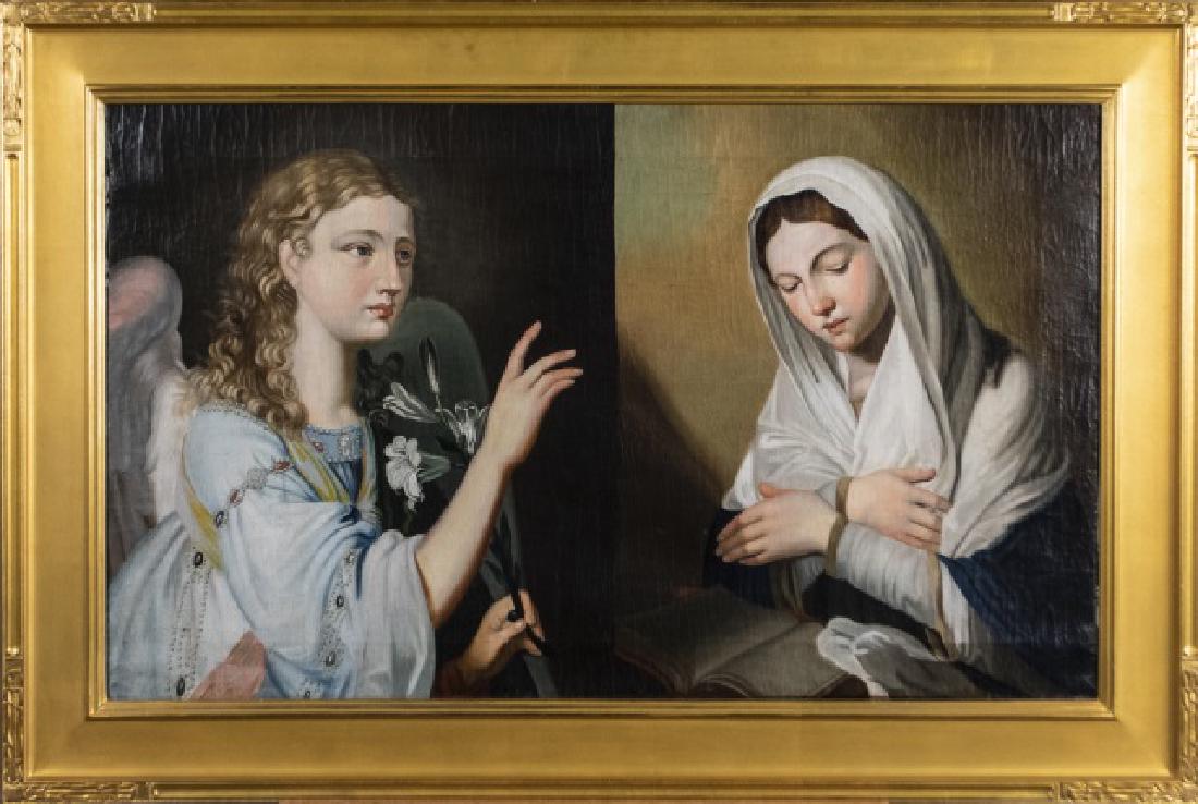 Continental School (19th century): The Annunciation to the Blessed Virgin, in two images, on the left depicting the angel Gabriel delivering the message that Mary is to bear the Christ child. and on the right, Mary in blue and white ro