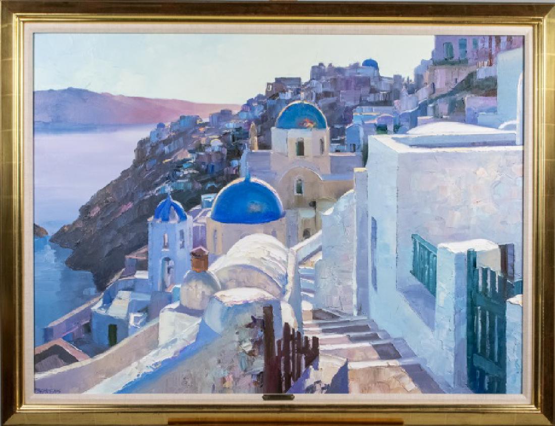 Howard Behrens (American, 1933-2014): Santorini. Oil on canvas, 20th century. Artist nameplate affixed to frame. Wally Findlay Gallery label on the verso. Canvas size, 34 x 47 inches. Framed. Notice to bidders: Condition reports and addit