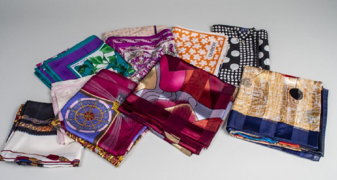 Group of Designer Silk Scarves: Various designers including Givenchy, Oscar de la Renta, Albert Nipon, Honey, Hermes (as is), and four unsigned scarves. Notice to bidders: Condition reports and additional photographs are provided by