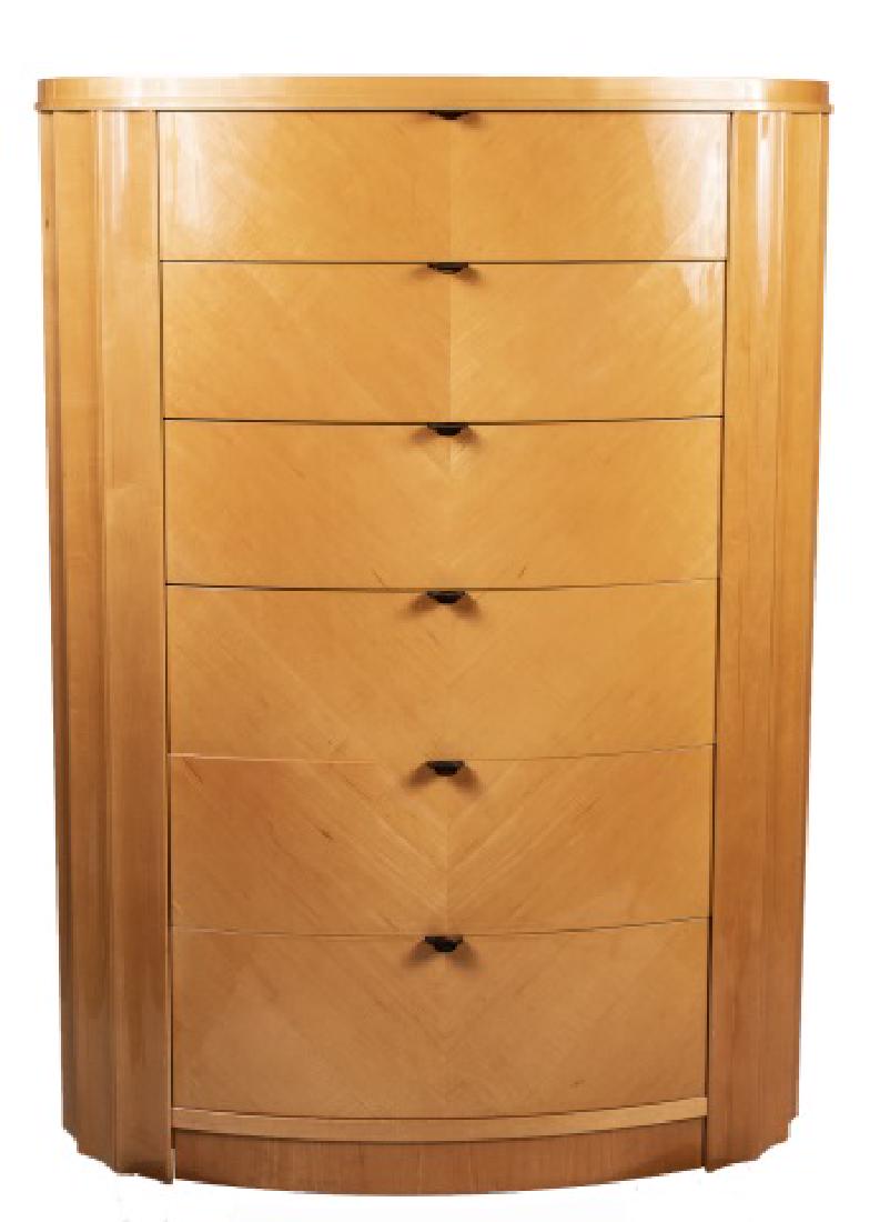 Contemporary Blond Wood Chest of Drawer: Contemporary design, bow fronted chest with six graduated drawers. Height 52 inches, width 38 inches, depth 20 inches. Notice to bidders: Condition reports and additional photographs are provided by r