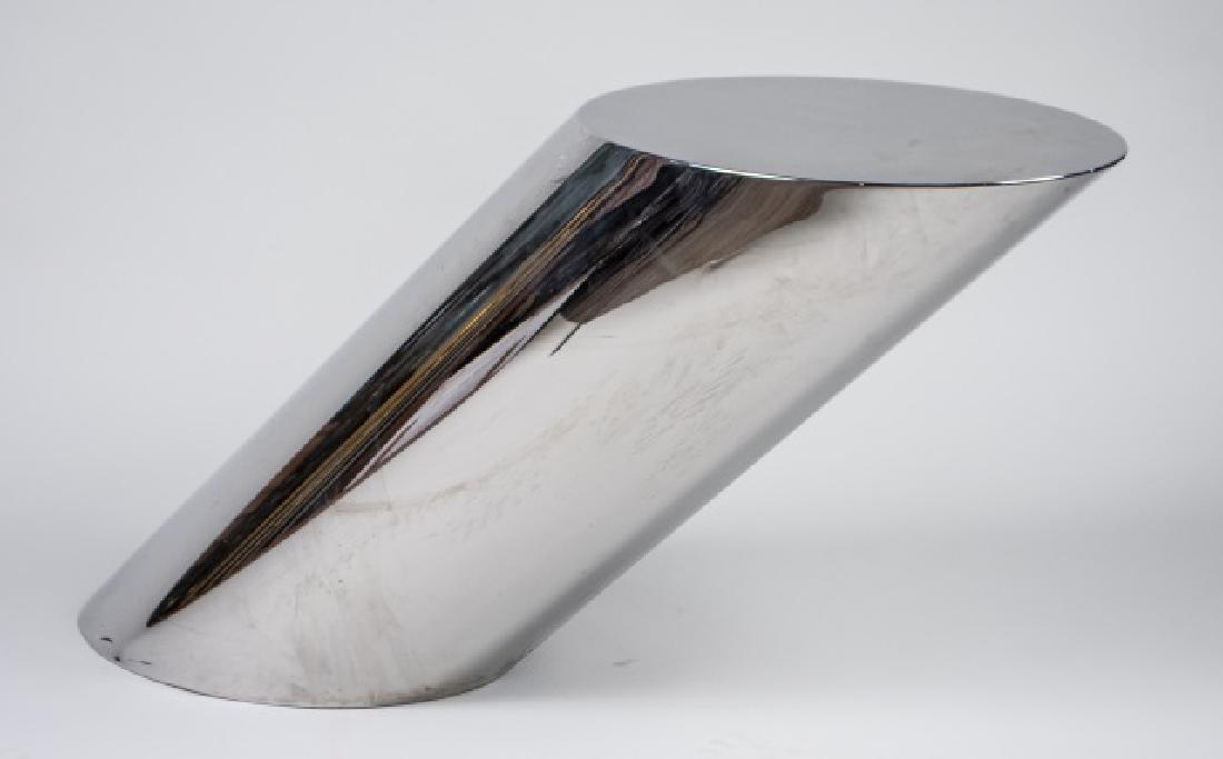 Brueton Zephyr Polished Steel Side Table: By J. Wade Beam, cylindrical form. Height 20 1/2 inches, width 12 inches, depth 39 inches. Notice to bidders: Condition reports and additional photographs are provided by request as a courtesy to our