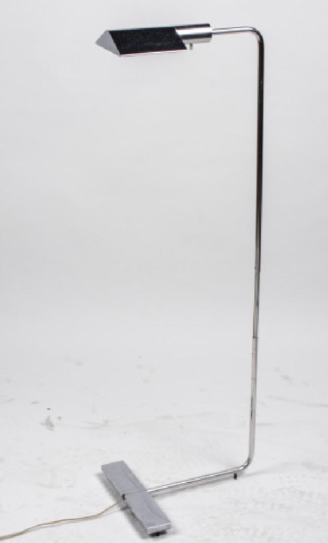 Cedric Hartman Chrome Floor Lamp: Signed on base, serial number #850029. Adjustable height. Notice to bidders: Condition reports and additional photographs are provided by request as a courtesy to our clients, as such any condition re
