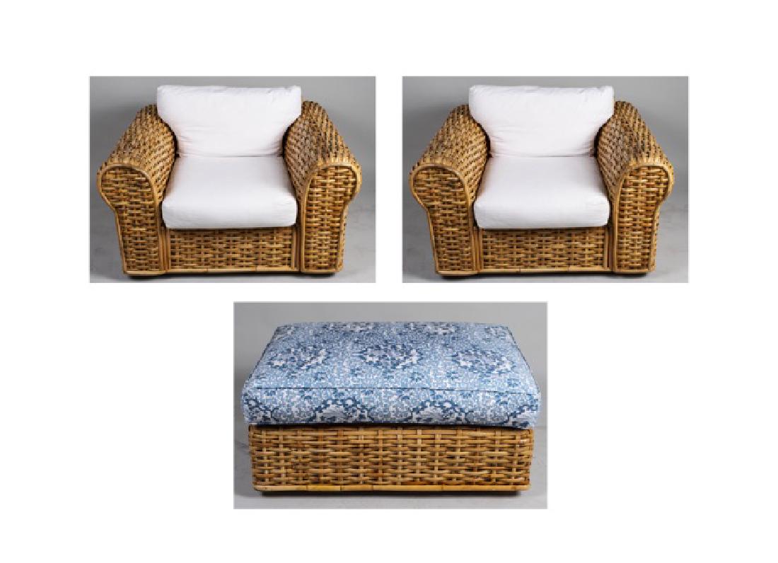 Pair of Ralph Lauren Chairs & Ottoman: Chairs with white cushion back and seats; together with a footstool. Chair, height 30 inches, width 46 inches, depth 38 inches. Notice to bidders: Condition reports and additional photographs are prov