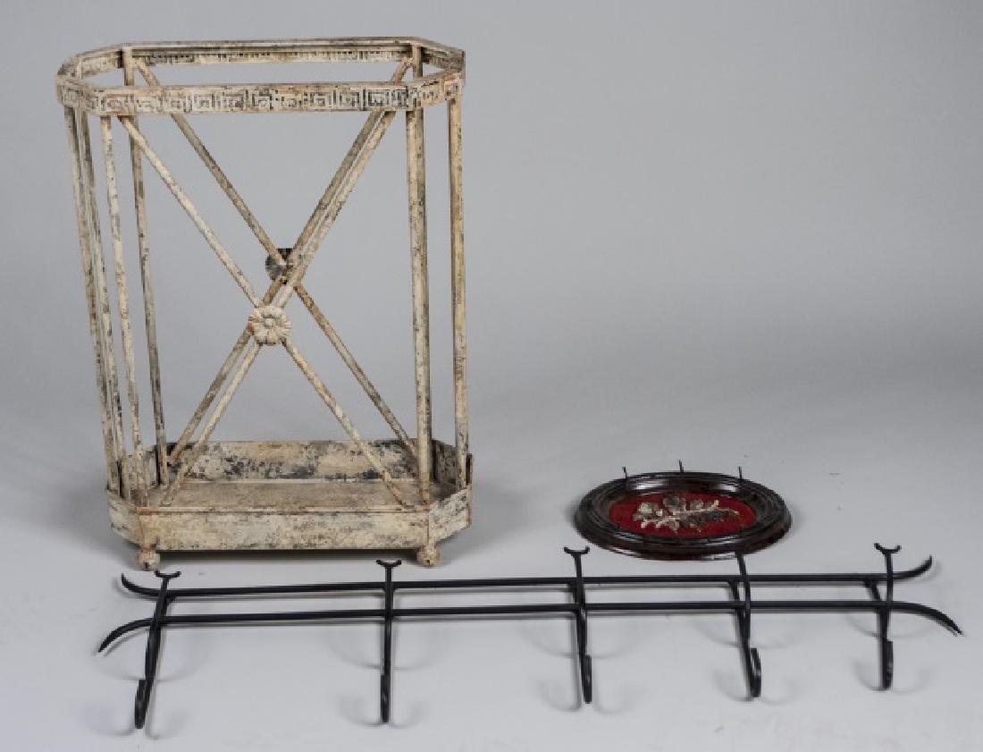 Group of Three Entryway Accessories: Including a coat and hat rack, an umbrella stand, and a hanging key holder. Umbrella stand, height 21 inches, width 16 inches, depth 7 inches. Notice to bidders: Condition reports and additional photo