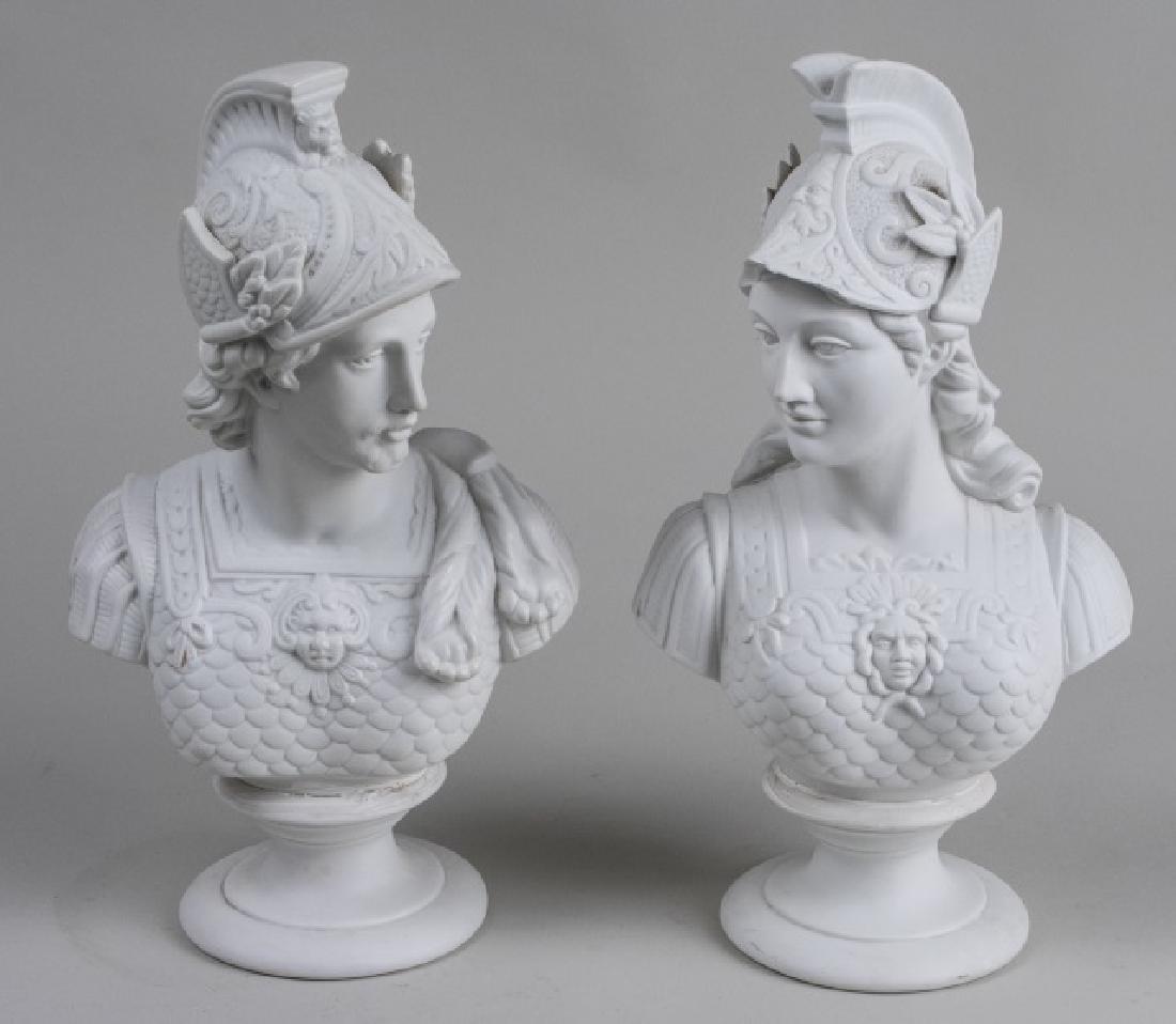 Pair of Bavarian Bisque Busts: Mars and Minerva. Height 14 inches. Notice to bidders: Condition reports and additional photographs are provided by request as a courtesy to our clients, as such any condition report is only an opinio