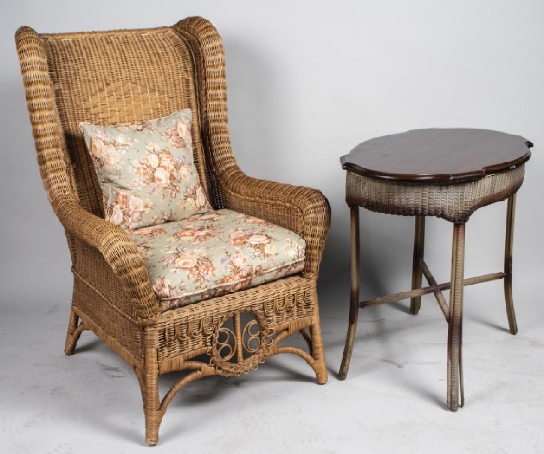 Wicker Wing Chair and Side Table: Wing chair with cushions, the shaped oval top table with splayed legs joined by an X stretcher. Wing chair, height 47 inches, width 30 inches, depth 34 inches. Notice to bidders: Condition reports and