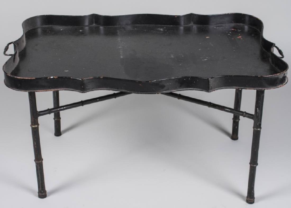 Italian Style Faux Bamboo Metal Tray Top Table: Shaped rectangular tray on a faux bamboo base. Height 19 1/2 inches, width 34 1/2 inches, depth 22 1/2 inches. Notice to bidders: Condition reports and additional photographs are provided by request a