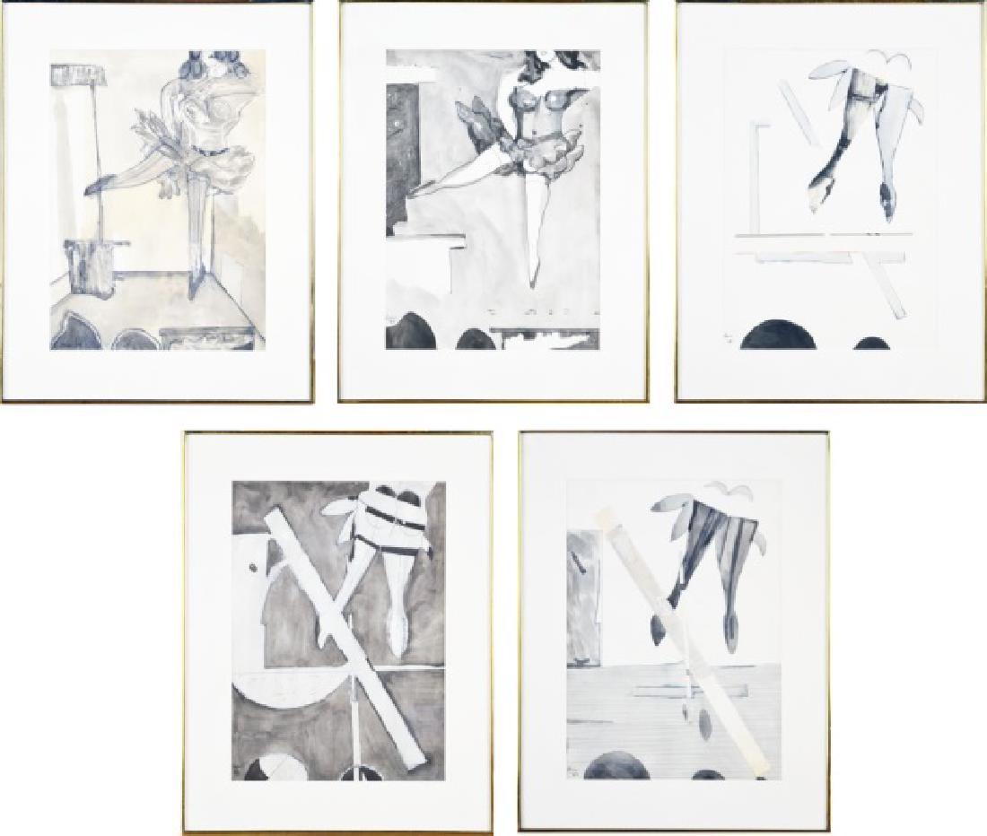 Five Works by Peter Williams (Irish, 1919-1994): Ballet Study no. 1, 2, 3, 4, and 6 by Peter Sheldon Williams (pseudonym A. Oscar). All collage and wash on paper, 1973. All signed in ink (l.l.), dated (l.l.). Sight size all 16 x 11 1/4 inches. All F
