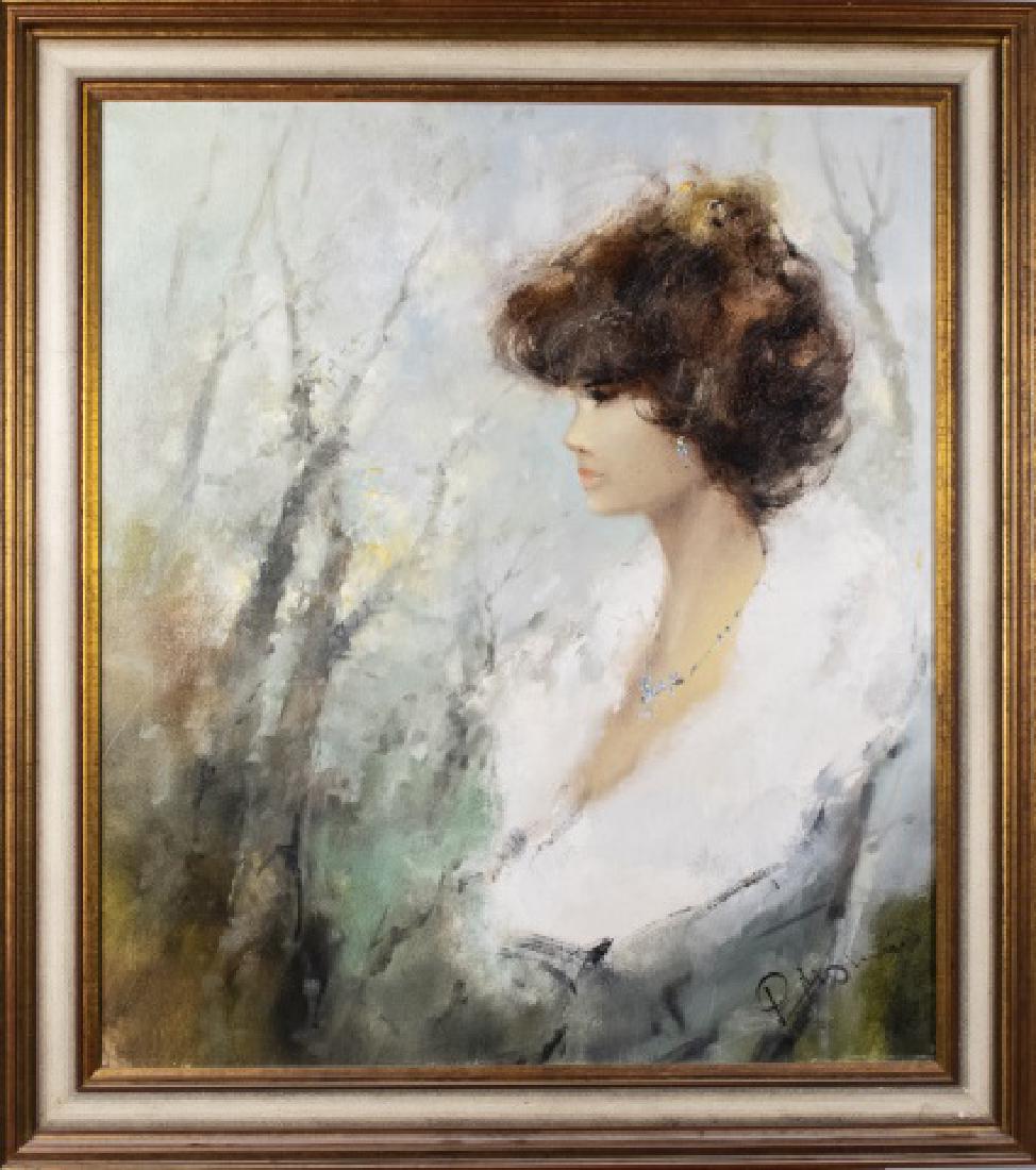 Continental School (20th Century): Woman in profile with decolletage Oil on canvas, 20th century Signed illegibly at lower right Canvas size, 31 1/4 x 27 1/4 inches Frame size, 37 x 33 1/4 inches Notice to bidders: Condition reports an