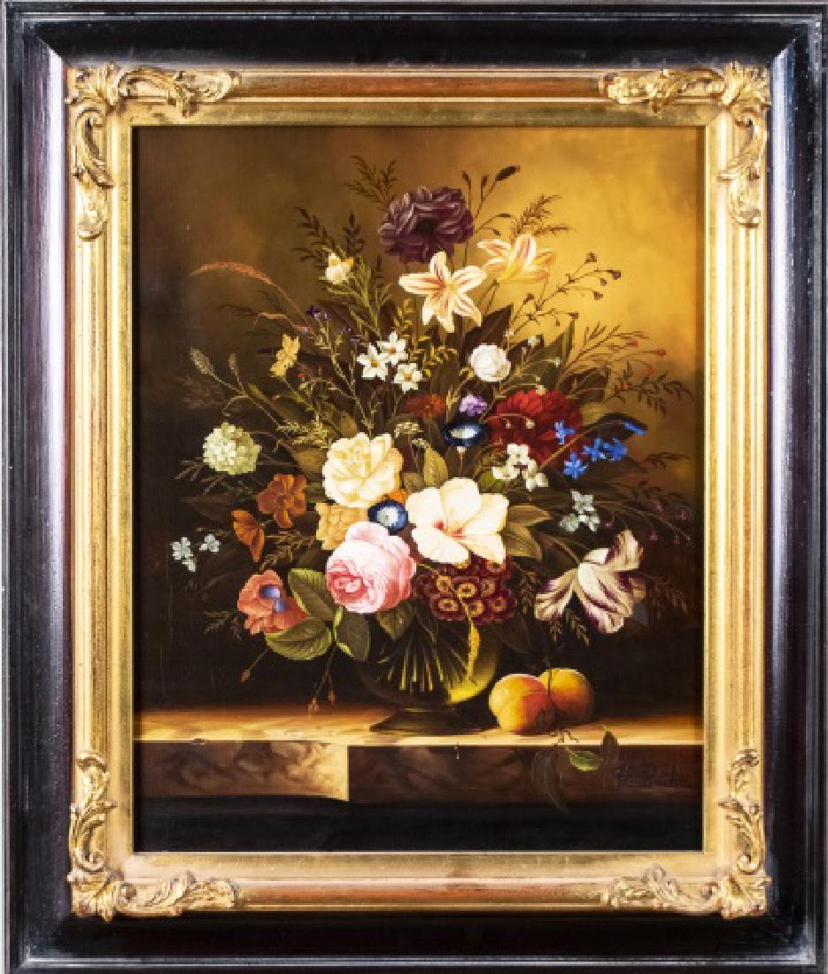 Continental School (20th Century): Floral Still Life Oil on board, 20th century Signed Laszlo Roth at lower right Frame size, 25 3/4 x 22 inches Notice to bidders: Condition reports and additional photographs are provided by request as