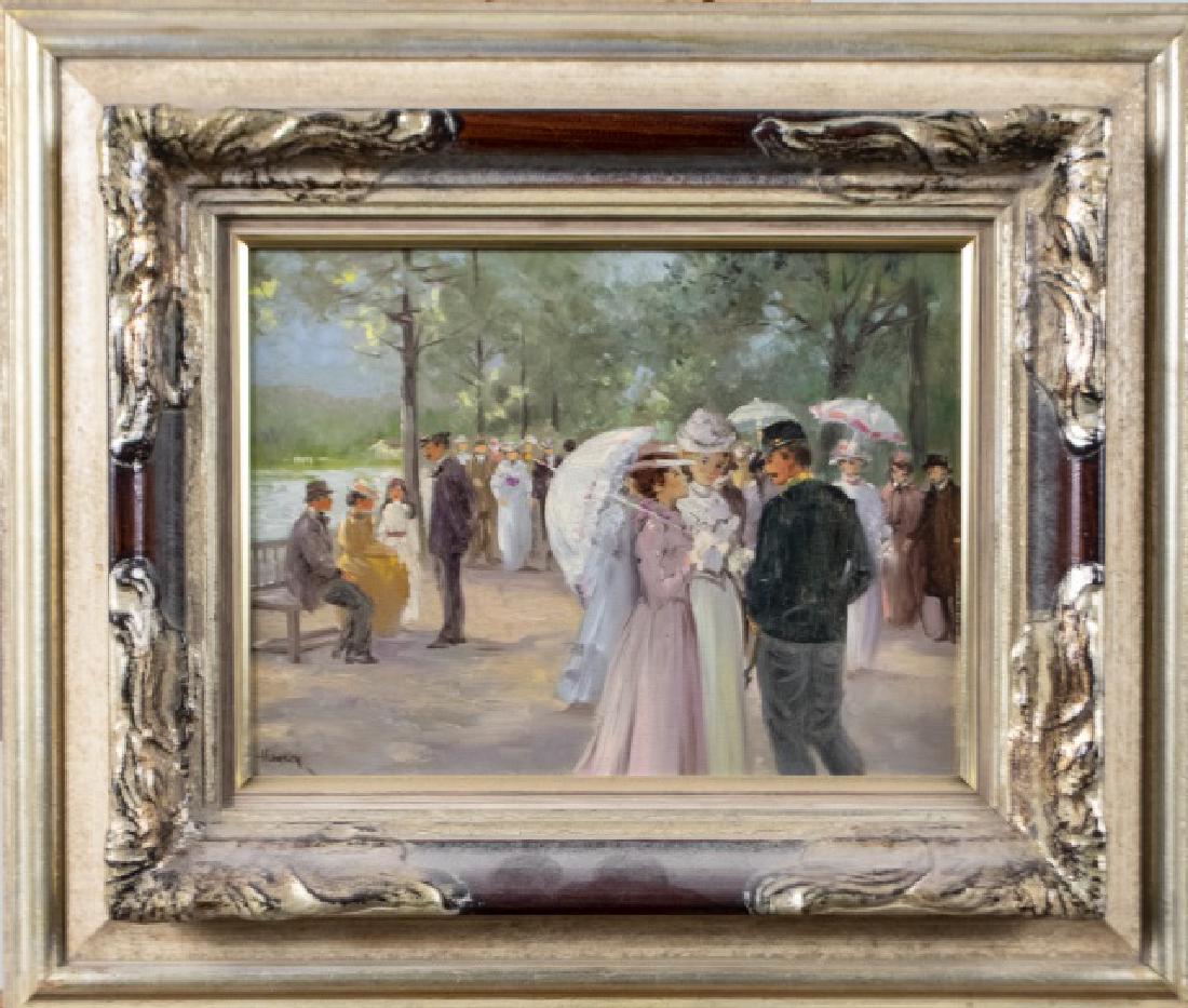 Continental School (20th Century): Ladies and gentlemen flirting Oil on board, 20th century Signed Anne Hansen at lower left Frame size 15 1/4 x 13 inches Notice to bidders: Condition reports and additional photographs are provided by 