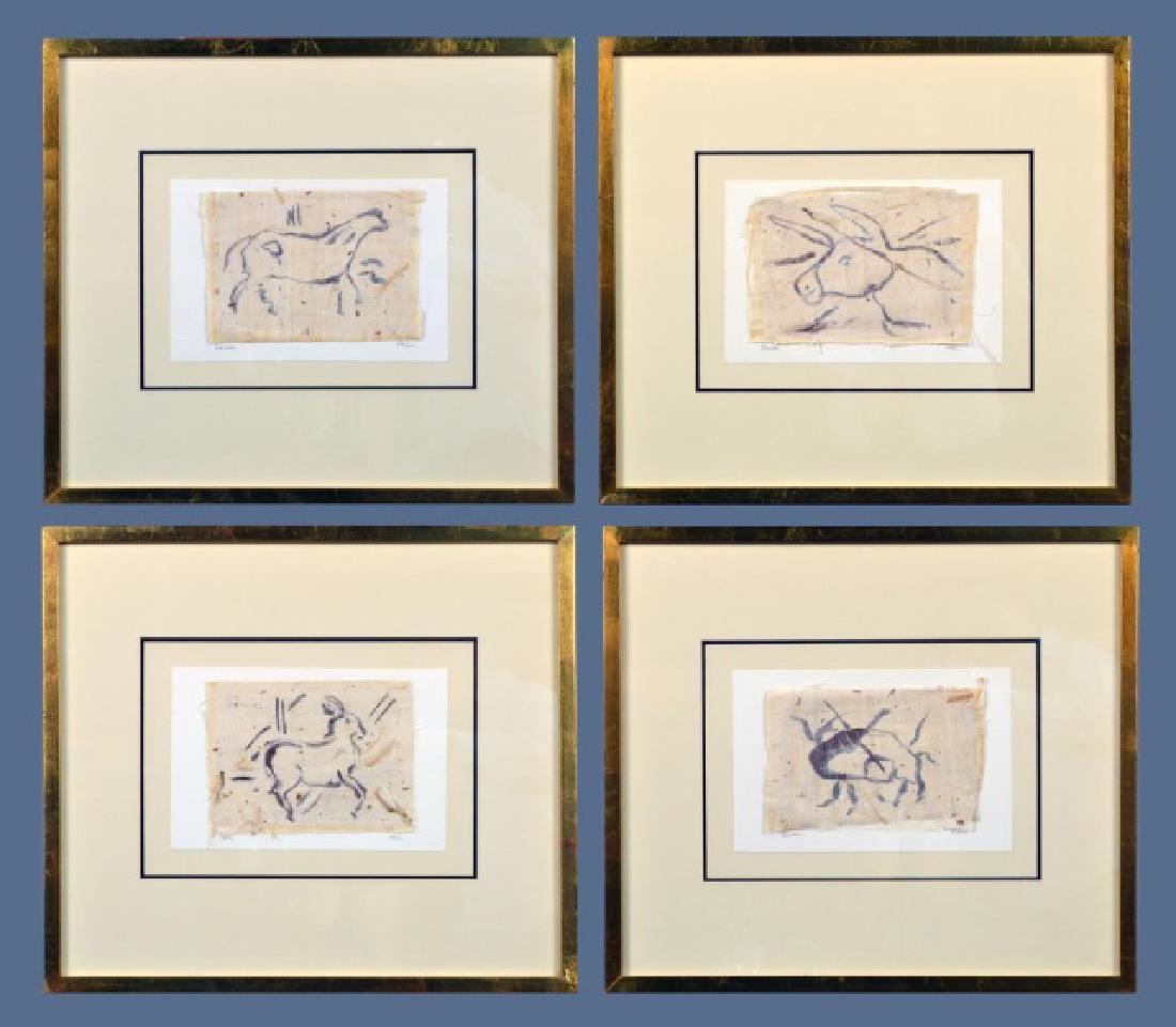 Group of Four Decorative Pictures: All depicting cave painting animals Watercolor on paper Each titled (ll), and initialed "AR" (lr) Each sight size approximately 8 x 6 inches All mounted and framed Notice to bidders: Condition reports