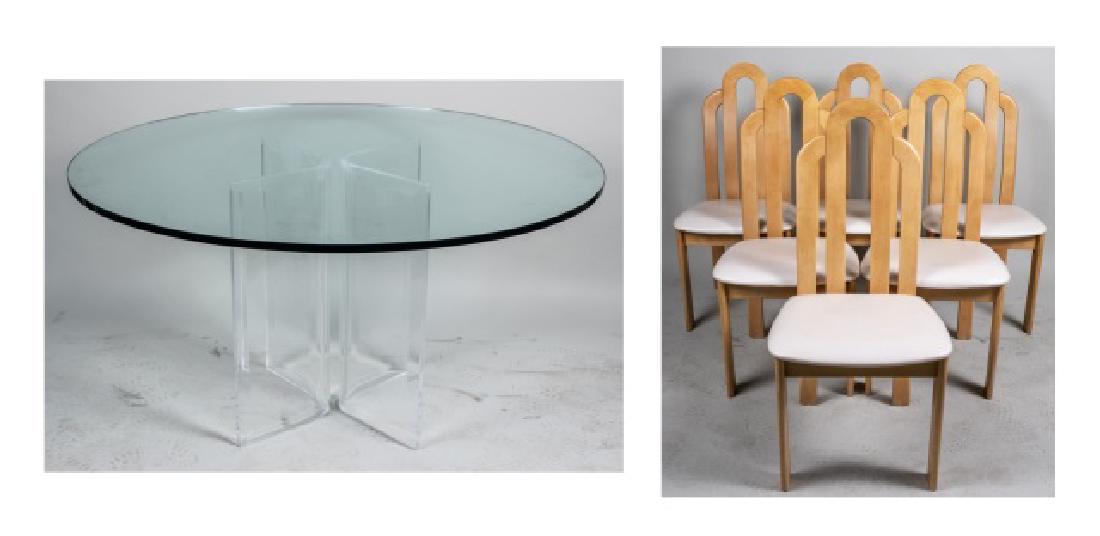 Glass Top Breakfast Table and Chairs: Circular glass on a double pedestal Lucite base, together with six blond wood chairs with cream colored vinyl upholstered seats Table, height 29 1/2 inches, diameter 54 inches Notice to bidders: Condi