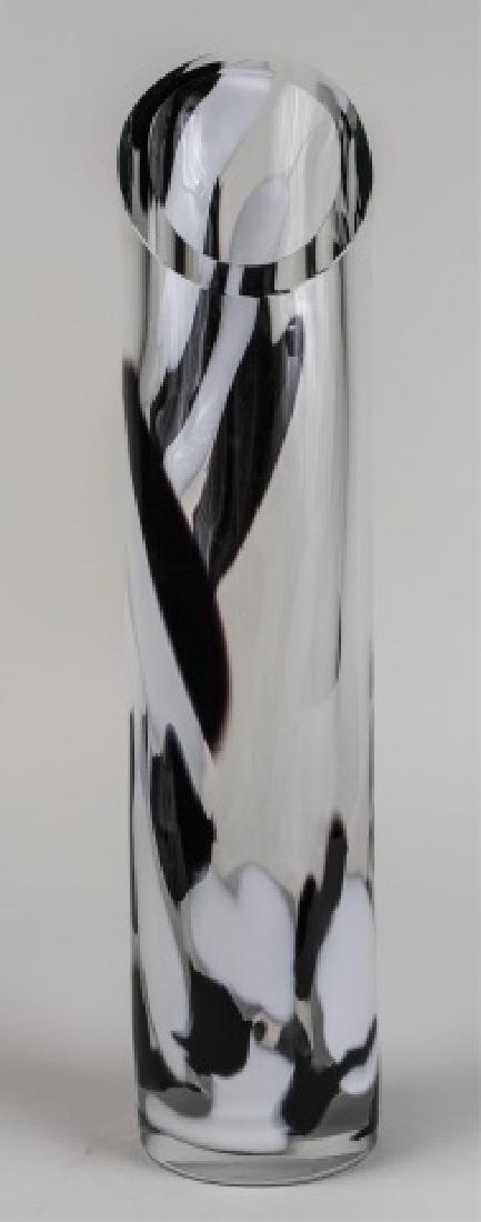 Abby Modell Art Glass Tall Cylinder Vase *: Black and white swirl decoration Height 22 inches Notice to bidders: Condition reports and additional photographs are provided by request as a courtesy to our clients, as such any condition report is