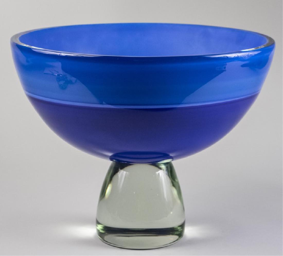 Abby Modell Art Glass Large Incalmo Bowl *: Deco blue with sandblasted interior Height 11 1/2 inches, diameter 14 1/2 inches Notice to bidders: Condition reports and additional photographs are provided by request as a courtesy to our clients, a