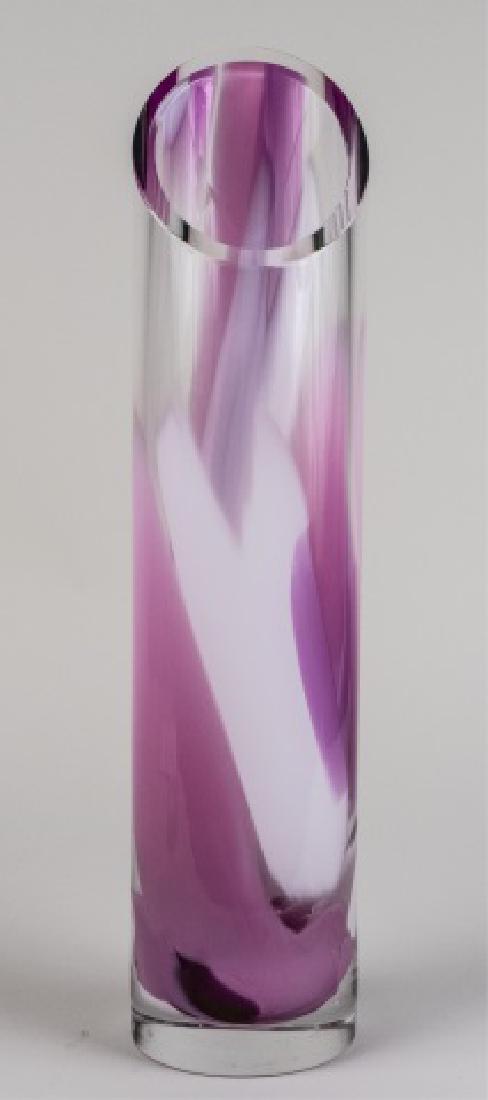 Abby Modell Art Glass Tall Cylinder Vase *: Pink swirl decoration Height 22 inches Notice to bidders: Condition reports and additional photographs are provided by request as a courtesy to our clients, as such any condition report is only an opi