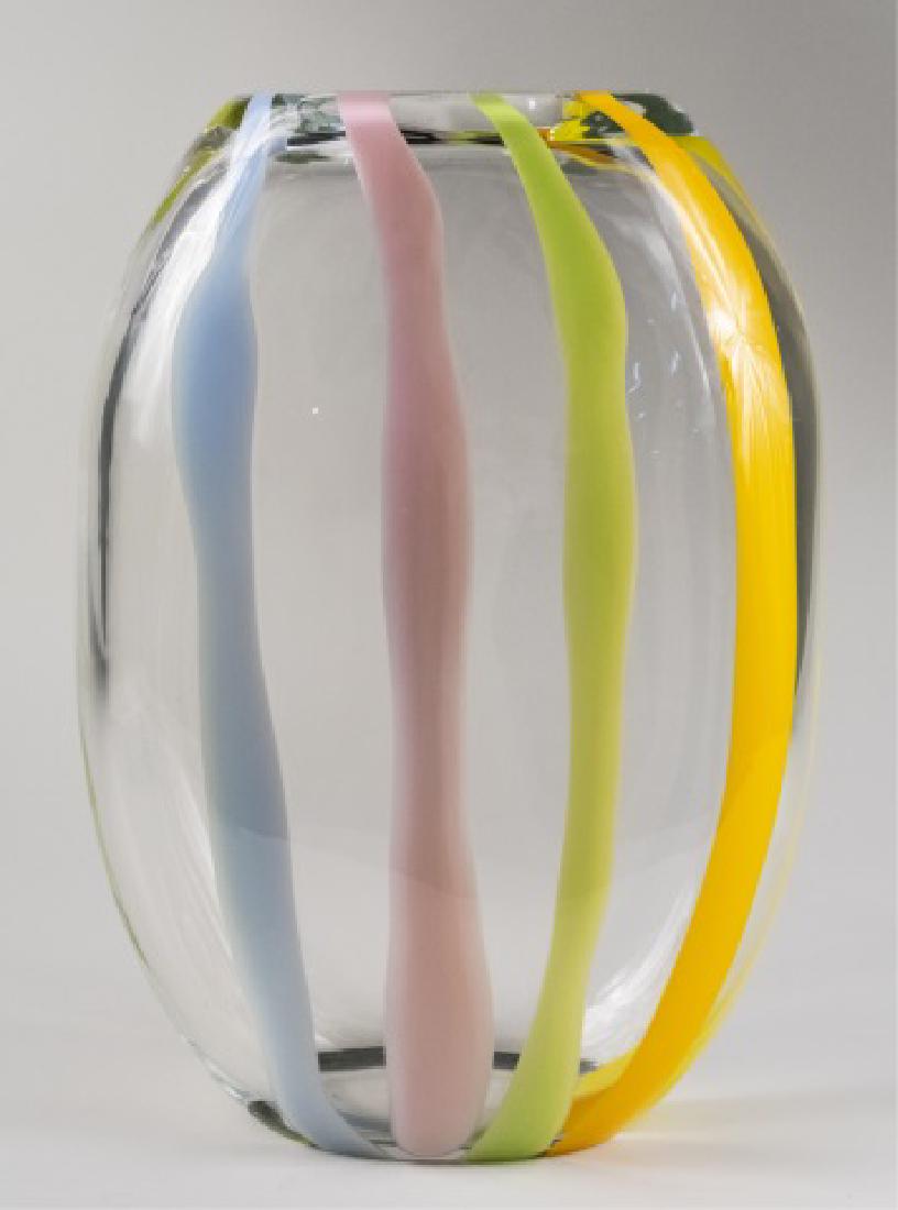 Abby Modell Art Glass Vase *: Flattened ovoid vase with pastel stripe decoration Height 16 inches Notice to bidders: Condition reports and additional photographs are provided by request as a courtesy to our clients, as such any co