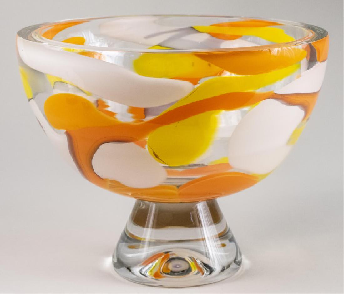 Abby Modell Hand-Blown Art Glass Swirl Bowl *: Orange and yellow decoration Height 9 1/2 inches, diameter 11 3/4 inches Notice to bidders: Condition reports and additional photographs are provided by request as a courtesy to our clients, as such a