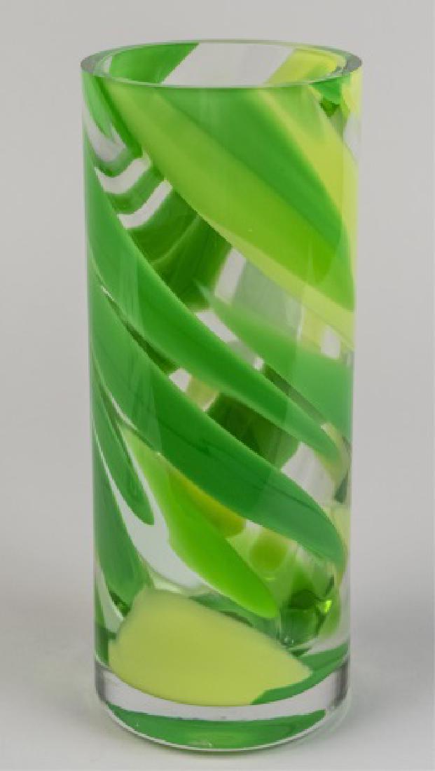 Abby Modell Art Glass Tall Cylinder Vase *: Green swirl decoration Height 12 1/2 inches Notice to bidders: Condition reports and additional photographs are provided by request as a courtesy to our clients, as such any condition report is only a