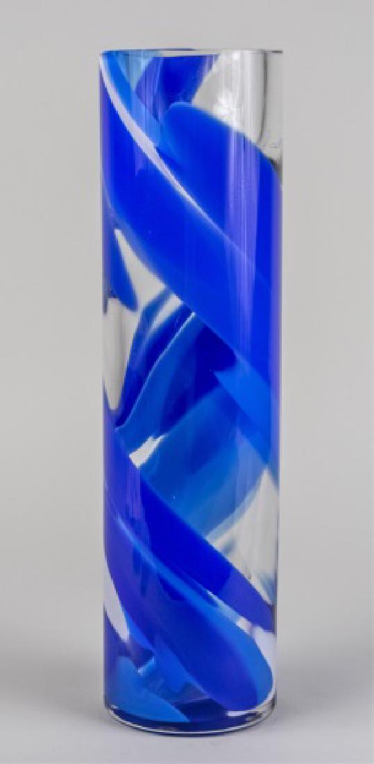 Abby Modell Art Glass Tall Cylinder Vase *: Blue swirl decoration Height 18 1/2 inches Notice to bidders: Condition reports and additional photographs are provided by request as a courtesy to our clients, as such any condition report is only an