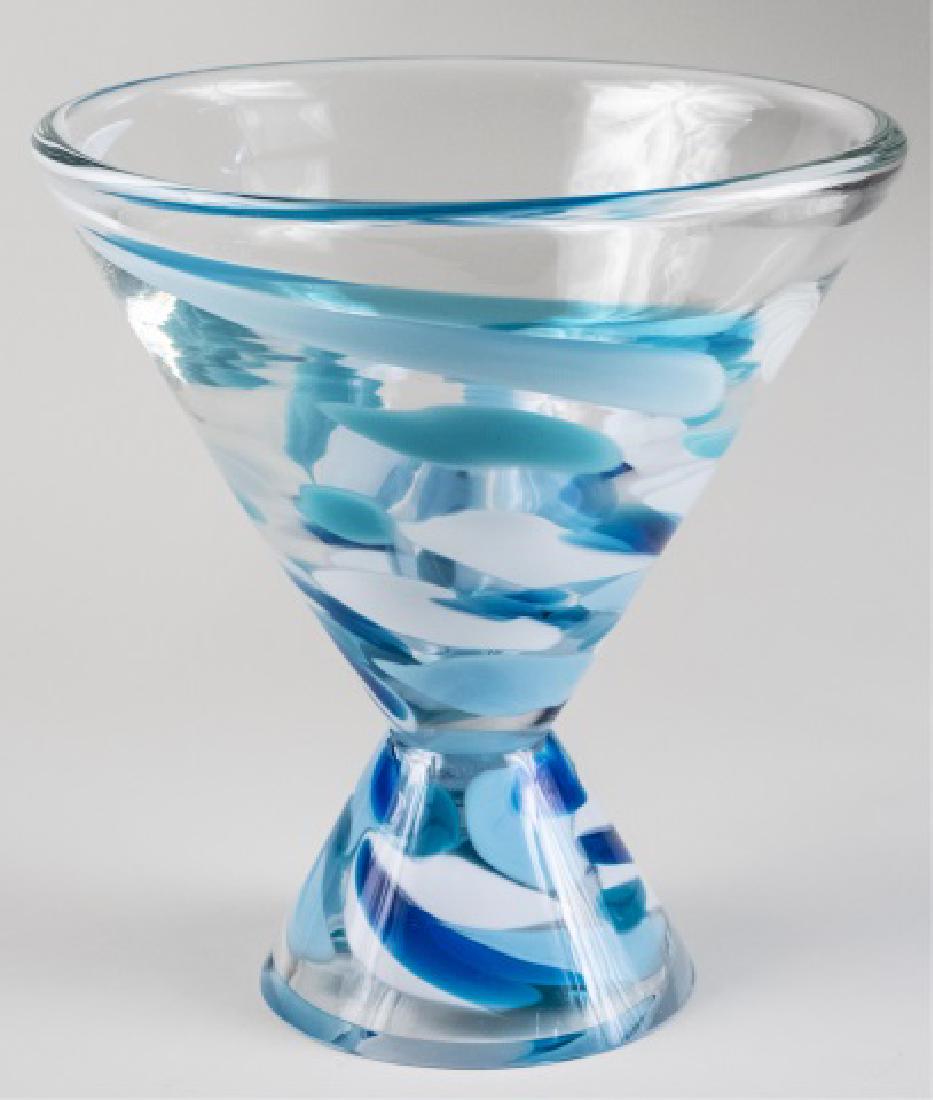 Abby Modell Art Glass Cone Vessel *: Turquoise and white swirl decoration, on a cone base Height 13 inches, diameter 14 inches Notice to bidders: Condition reports and additional photographs are provided by request as a courtesy to our c
