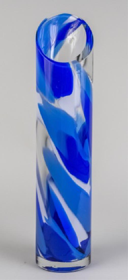 Abby Modell Art Glass Tall Cylinder Vase *: Blue swirl decoration Height 22 inches Notice to bidders: Condition reports and additional photographs are provided by request as a courtesy to our clients, as such any condition report is only an opi