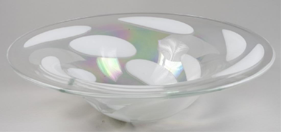 Abby Modell Hand-Blown Art Glass Gardenia Bowl *: Iridescent Opaline glass inclusion decoration Height 4 1/4 inches, diameter 15 1/4 inches Notice to bidders: Condition reports and additional photographs are provided by request as a courtesy to our c