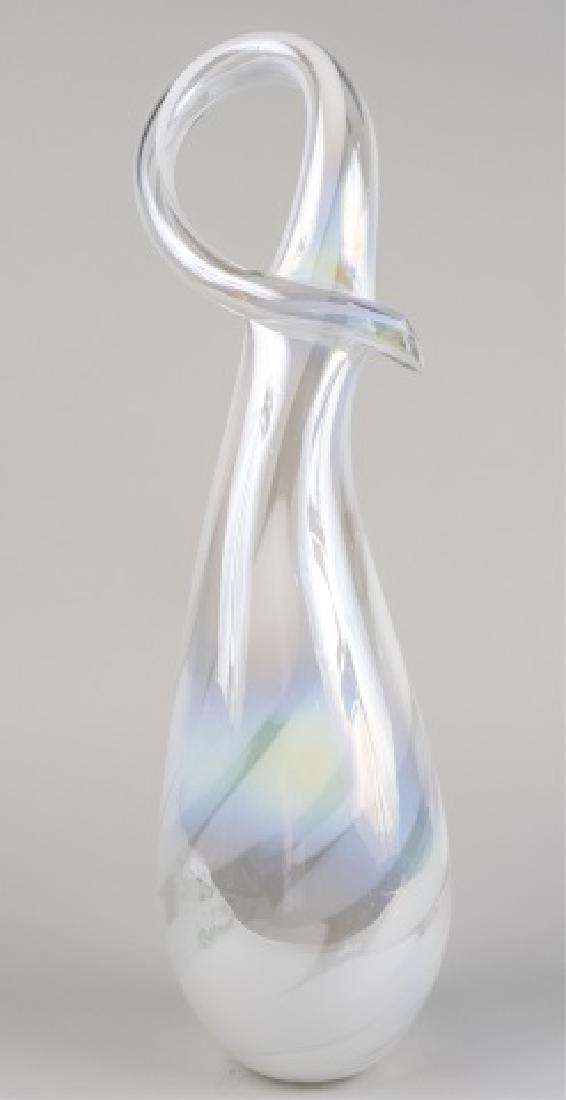 Abby Modell Hand-Blown Art Glass Swan Sculpture *: Iridescent Opaline swirl decoration Height 25 1/2 inches Notice to bidders: Condition reports and additional photographs are provided by request as a courtesy to our clients, as such any condition rep