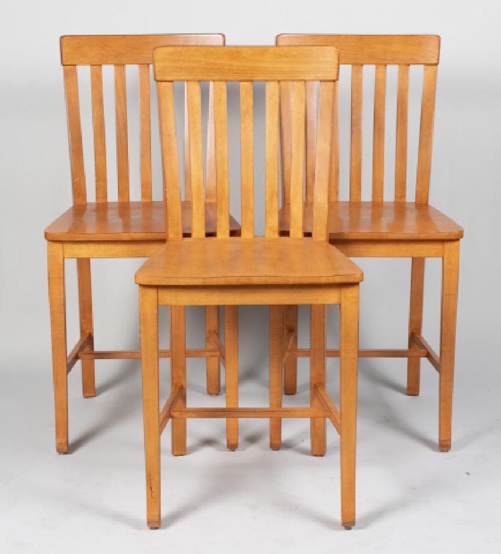 Set of Three Barstools: Slat back chairs with panel seats, tapered legs joined by H stretchers Height 43 inches, width 20 inches, depth 23 inches Notice to bidders: Condition reports and additional photographs are provided b